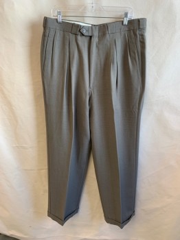 ARMANI, Khaki Brown, Dk Gray, Lt Gray, Wool, Stripes - Diagonal , Multi Color Weave, Side Pockets, Zip Front, Pleat Front, Cuffed, 2 Welt Pockets with Buttons at Back