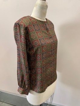 ANNA KRISTE, Olive Green, Red, Purple, Beige, Silk, Squares, Medallion Pattern, CN, Pullover, CB Keyhole with Btn Closure, L/S, Covered Btns @ Neck & Cuffs, Shoulder Pads