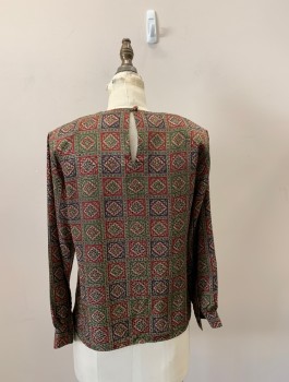 ANNA KRISTE, Olive Green, Red, Purple, Beige, Silk, Squares, Medallion Pattern, CN, Pullover, CB Keyhole with Btn Closure, L/S, Covered Btns @ Neck & Cuffs, Shoulder Pads