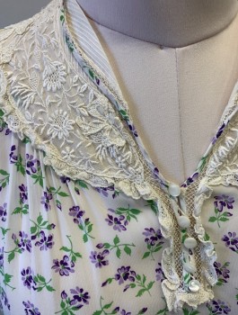 W.WALSH & SONS, White, Purple, Lavender Purple, Green, Nylon, Floral, S/S, White Lace Detail at Neckline and Cuffs, 4 Tiny Buttons at V-Neck, with Small Shawl Collar, Curved Yoke at Waist, Knee Length, Tiny Snap Closures at Side