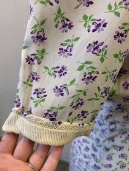 Womens, Dress, W.WALSH & SONS, White, Purple, Lavender Purple, Green, Nylon, Floral, W:30, B:38, S/S, White Lace Detail at Neckline and Cuffs, 4 Tiny Buttons at V-Neck, with Small Shawl Collar, Curved Yoke at Waist, Knee Length, Tiny Snap Closures at Side