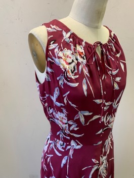 Womens, Dress, Sleeveless, CLASSIQUES ENTIER, Plum Purple, Off White, Periwinkle Blue, Silk, Floral, Sz.6, Georgette, Round Neck with Keyhole and Drawstring Ties,  Bias Cut A-Line Skirt, Hem Below Knee, Invisible Zipper at Side