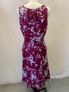 Womens, Dress, Sleeveless, CLASSIQUES ENTIER, Plum Purple, Off White, Periwinkle Blue, Silk, Floral, Sz.6, Georgette, Round Neck with Keyhole and Drawstring Ties,  Bias Cut A-Line Skirt, Hem Below Knee, Invisible Zipper at Side