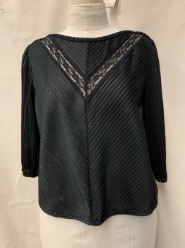 Womens, Evening Tops, N/L, Black, Polyester, Textured Fabric, Stripes, B46, Boat Neck, L/S, Silver Tinsel Woven In The Textured Stripes, Black Lace Insets