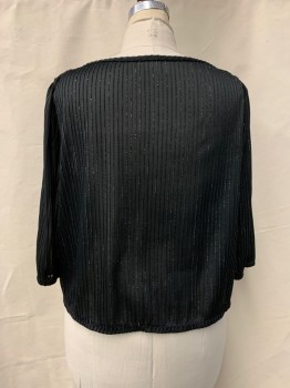 Womens, Evening Tops, N/L, Black, Polyester, Textured Fabric, Stripes, B46, Boat Neck, L/S, Silver Tinsel Woven In The Textured Stripes, Black Lace Insets