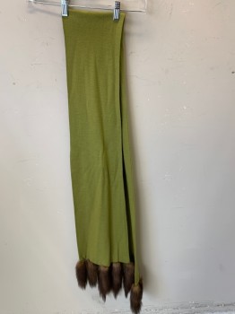 LILLI DIAMOND, Chartreuse Green, Wool, Solid, Knit Scarf with 4 Fur Tails at Each End, Scarf with Button Hole in Center