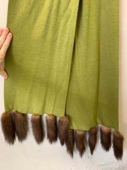 LILLI DIAMOND, Chartreuse Green, Wool, Solid, Knit Scarf with 4 Fur Tails at Each End, Scarf with Button Hole in Center