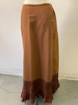 NL, Brown, Wool, Solid, Floor Length ,large Front Pleats Drawstring and Side Buttons,11'' Satin Over stitch Design Along Hem, Fraying and Repair work