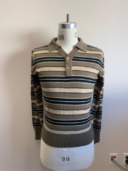 Mens, Sweater, SUTTON PLACE, Dk Khaki Brn, Black, Multi-color, Acrylic, Stripes, S, POLO, V-N, 2 Buttons, White And Beige Stripes