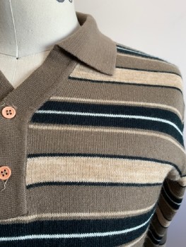 Mens, Sweater, SUTTON PLACE, Dk Khaki Brn, Black, Multi-color, Acrylic, Stripes, S, POLO, V-N, 2 Buttons, White And Beige Stripes