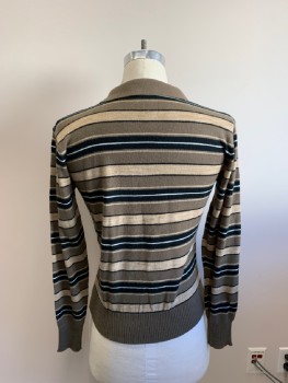 SUTTON PLACE, Dk Khaki Brn, Black, Multi-color, Acrylic, Stripes, POLO, V-N, 2 Buttons, White And Beige Stripes