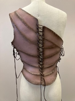 Womens, Sci-Fi/Fantasy Breastplate, NO LABEL, Brown, Mauve Pink, Leather, Straw, Patchwork, B: 34, Asymmetric, Single Shoulder Strap, Stitching Detail With Straw Embellishments. Side And Back Lacing, Made To Order