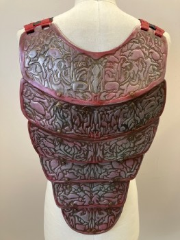 Mens, Breastplate, ROBERT ALLSOPP, Silver, Dk Red, Pewter Gray, Metallic/Metal, Abstract , O/S, Embossed Metal Plates, Brass Studs, Shoulder Straps With Red Bands,