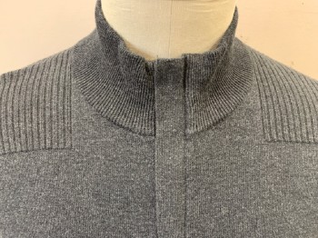 Mens, Pullover Sweater, HUGO BOSS, Charcoal Gray, Cotton, Wool, Heathered, XL, Stand Collar, Half Front Zipper Covered with Placket, Ribbing On Shoulders, L/S