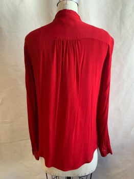 Womens, Blouse, ZARA, Red, Viscose, Solid, S, Crew Neck, Neck Tie Attached, 1/2 Button Front, Long Sleeves