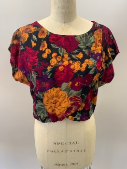 Womens, Top, CALIFORNIA SELECT, Black, Red Burgundy, Red, Pumpkin Spice Orange, Dk Purple, Poly/Cotton, Floral, B:36, Scoop Neck, Cap Sleeves, Over Lappin Flap On Front, Cropped