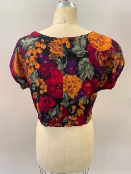 CALIFORNIA SELECT, Black, Red Burgundy, Red, Pumpkin Spice Orange, Dk Purple, Poly/Cotton, Floral, Scoop Neck, Cap Sleeves, Over Lappin Flap On Front, Cropped