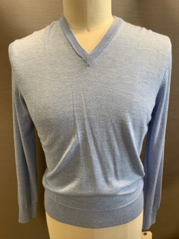 Mens, Pullover Sweater, BROOKS BROTHERS, Lt Blue, Wool, Heathered, M, L/S, V-N,
