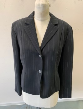 JONES NY, Black, Acetate, Polyester, Solid, Collar Attached Notched Lapel, 2 Button Front, Broken Stripes & Pinstripes