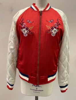 AMERICAN EAGLE, Red, White, Blue, Polyester, Color Blocking, Floral, Zip Front, Bomber, Diamond Quilted Sleeves, Embroidery Front and CB, 2 Pockets, Rib Knit Trim Collar/cuffs and Waistband,