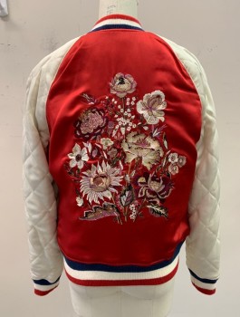 Womens, Casual Jacket, AMERICAN EAGLE, Red, White, Blue, Polyester, Color Blocking, Floral, S, Zip Front, Bomber, Diamond Quilted Sleeves, Embroidery Front and CB, 2 Pockets, Rib Knit Trim Collar/cuffs and Waistband,