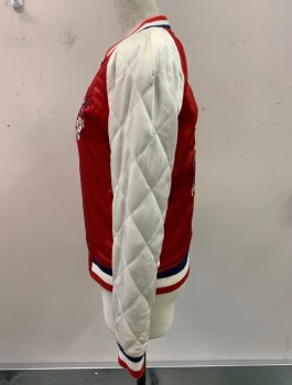 Womens, Casual Jacket, AMERICAN EAGLE, Red, White, Blue, Polyester, Color Blocking, Floral, S, Zip Front, Bomber, Diamond Quilted Sleeves, Embroidery Front and CB, 2 Pockets, Rib Knit Trim Collar/cuffs and Waistband,