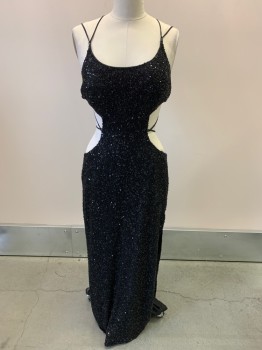 Womens, Evening Gown, INTERLUDE, Black, Silk, Polyester, XXL, Scoop Neck, Double Spaghetti Straps, Cut Out Sides, Criss Cross Strings, Floor Length Hem, Zip Side