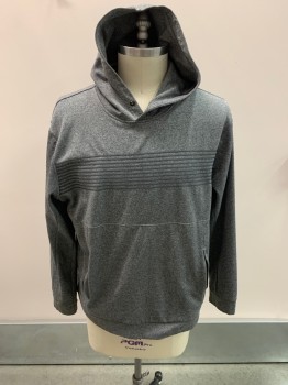 Mens, Pullover Sweater, MSX, Heather Gray, Polyester, XL, Hooded, L/S, Horizontal Stripes, 2 Zip Pockets, Missing Drawstring, Stained