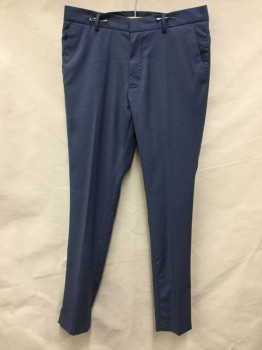 TOP MAN, Slate Blue, Polyester, Viscose, Solid, Slate Blue, 1-1/2" Waistband, Flat Front, Zip Front,