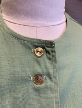 N/L, Sage Green, Cotton, Solid, Short Sleeves, Shirt Waist, Buttons at Center Front in Sets of 2, Round Neck, Cuffed Sleeves,