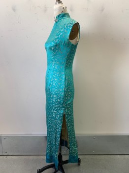 Womens, Evening Gown, NO LABEL, Turquoise Blue, Gold, Silk, Asian Inspired Theme, W28, B32, H36, Sleeveless, High Neck, Knot and Loop Detail on Stand Collar, Snap Buttons, Side Zipper, Side Slits, Bodycon, Faded Shoulders