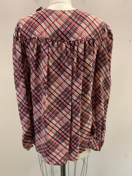 SPORT MAX, Beige, Plum Purple, Orange, Gray, Silk, Plaid, Scoop Neck, Fabric Covered Buttons on Left Front, Long Sleeves