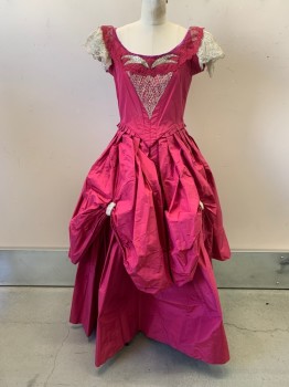 Womens, Historical Fiction Dress, N/L, Raspberry Pink, Silk, Solid, W28, B38, Taffeta, Silver Lace Sleeves and CF Detail, with Lace As "Bows" on Over Skirt, Silver Bugle Bead "Wing" at Bust, Hooks & Eyes CB with Snaps, Made To Order, 1860s