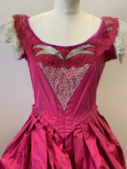 Womens, Historical Fiction Dress, N/L, Raspberry Pink, Silk, Solid, W28, B38, Taffeta, Silver Lace Sleeves and CF Detail, with Lace As "Bows" on Over Skirt, Silver Bugle Bead "Wing" at Bust, Hooks & Eyes CB with Snaps, Made To Order, 1860s