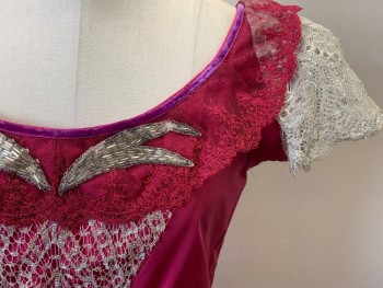 N/L, Raspberry Pink, Silk, Solid, Taffeta, Silver Lace Sleeves and CF Detail, with Lace As "Bows" on Over Skirt, Silver Bugle Bead "Wing" at Bust, Hooks & Eyes CB with Snaps, Made To Order, 1860s