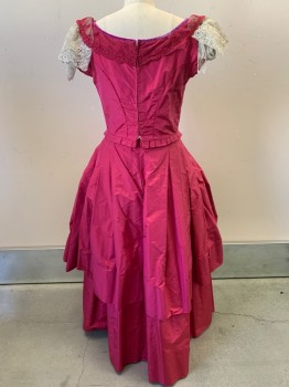 N/L, Raspberry Pink, Silk, Solid, Taffeta, Silver Lace Sleeves and CF Detail, with Lace As "Bows" on Over Skirt, Silver Bugle Bead "Wing" at Bust, Hooks & Eyes CB with Snaps, Made To Order, 1860s