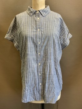 Goodthreads, Blue-Gray, White, Cotton, Stripes, S/S, Button Front, C.A., Folded Sleeves