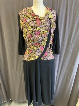 N/L, Black, Multi-color, Rayon, Asymmetrical Neck And Floral Knit Bodice With Gathers And Bow, Side Zip, Solid 3/4 Slvs, CB Btns & Loops And Self Tie, Solid Skirt