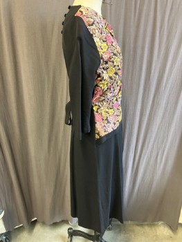 N/L, Black, Multi-color, Rayon, Asymmetrical Neck And Floral Knit Bodice With Gathers And Bow, Side Zip, Solid 3/4 Slvs, CB Btns & Loops And Self Tie, Solid Skirt