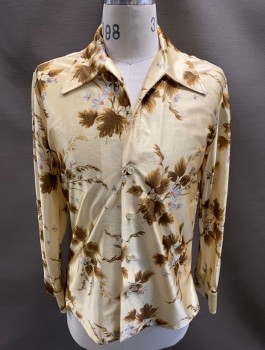 NL, Butter Yellow, Brown, Tan Brown, White, Multi-color, Nylon, Floral, Leaves/Vines , L/S, B.F. Pearl Plastic Buttons **Missing Top Button, Small Snags