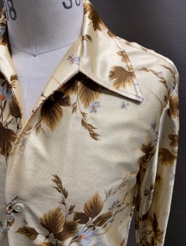Mens, Shirt, NL, Butter Yellow, Brown, Tan Brown, White, Multi-color, Nylon, Floral, Leaves/Vines , C:38, L/S, B.F. Pearl Plastic Buttons **Missing Top Button, Small Snags