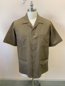 D'ACCORD, Brown, Black, Polyester, Chevron, S/S, Button Front, 4 Pockets With Buttons, Cuffed Sleeves, Tortoise Buttons