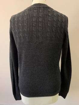 Mens, Pullover Sweater, NL, Charcoal Gray, Acrylic, Solid, M, L/S, Crew Neck,