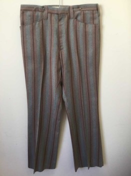 Mens, Pants, HICK'S, Multi-color, Gray, Rust Orange, Navy Blue, Polyester, Wool, Stripes - Pin, Stripes - Vertical , Ins:29, W:31, Gray with Rust and Navy Vertical Stripes of Varying Widths, Flat Front, Zip Fly, 4 Pockets, Slight Boot Cut,