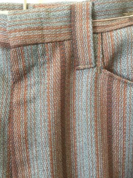 HICK'S, Multi-color, Gray, Rust Orange, Navy Blue, Polyester, Wool, Stripes - Pin, Stripes - Vertical , Gray with Rust and Navy Vertical Stripes of Varying Widths, Flat Front, Zip Fly, 4 Pockets, Slight Boot Cut,