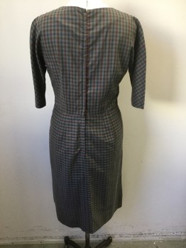 N/L, Gray, Charcoal Gray, Maroon Red, Navy Blue, Cotton, Check , Round Neck, Zip Back, 3/4 Sleeves, Straight Skirt, 2 Patch Pocket,