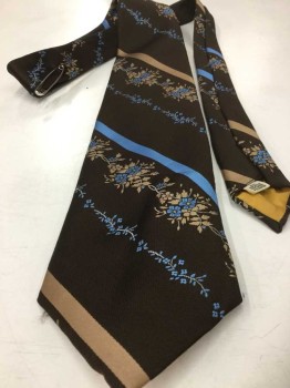 POLSKY'S BY DAMON, Dk Brown, Beige, Cornflower Blue, Polyester, Stripes - Diagonal , Floral, 4 In Hand, See Photo Attached,