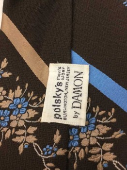 POLSKY'S BY DAMON, Dk Brown, Beige, Cornflower Blue, Polyester, Stripes - Diagonal , Floral, 4 In Hand, See Photo Attached,