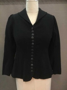 MTO, Black, Wool, Solid, Button Front, Shawl Collar, Long Sleeves, Gathered At Shoulders, 15 Plastic Buttons, Back Slit, Multiples,