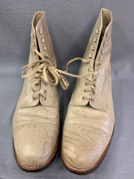 STACY ADAMS, Beige, Leather, Solid, Cap Toe, Ankle High, Regular and Speed Lacing/Ties,  Black Low Stack Heel, Speckled Aged/Distressed,